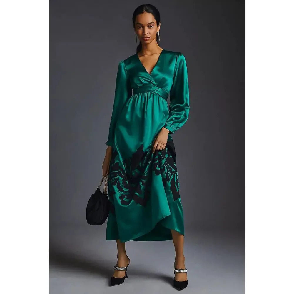 Anthropologie Emerald Green Maxi Satin Dress
